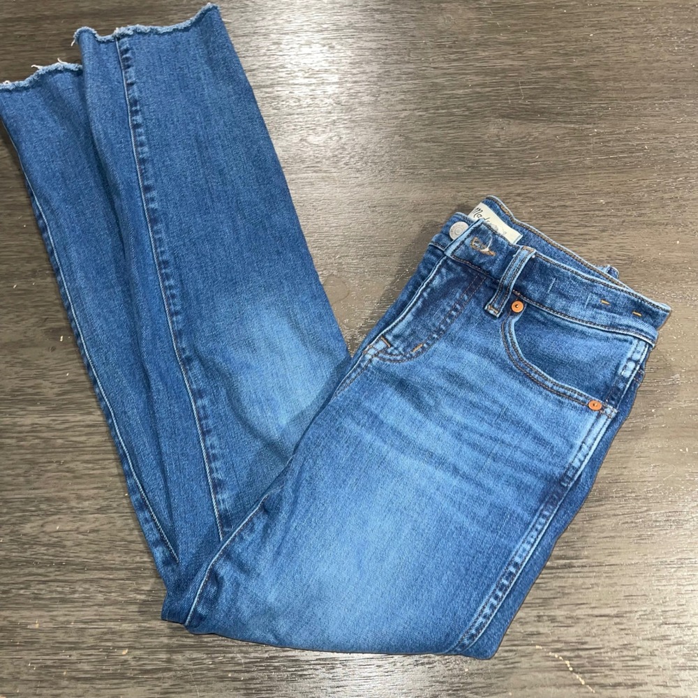Madewell Women 24P Blue Jeans Mid-Rise Stovepipe Raw Hem Side Slit